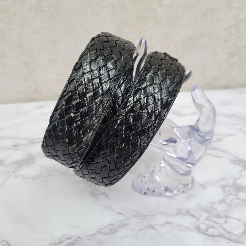 Vintage Belt Woven Black EEL Skin Leather and Gold Toned Buckle Men's Unisex